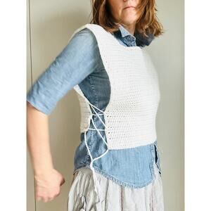 Vintage Hand Knit Apron Sweater in White Side Lace Cottage Romantic Hand Made